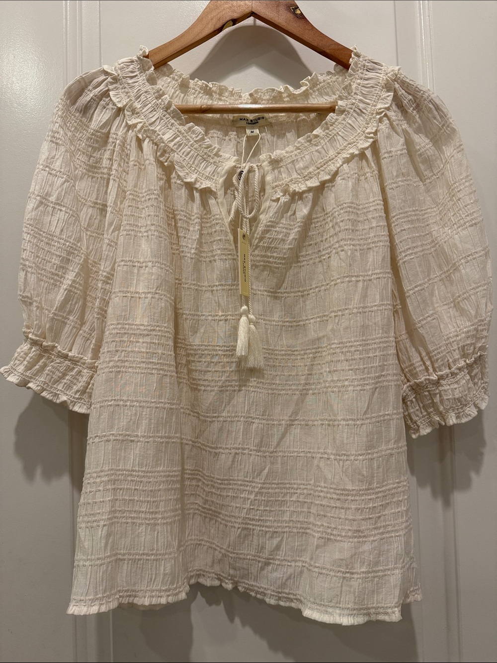 Max Studio Cream Ruffled Tie-Neck Peasant Blouse